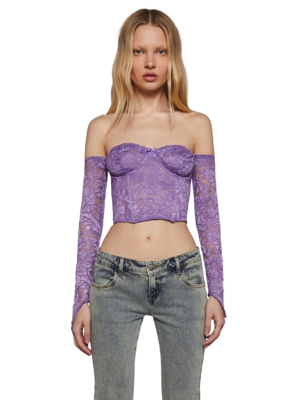 Sugar Thrillz Lavender Off-Shoulder Lace Long-Sleeve Crop Top